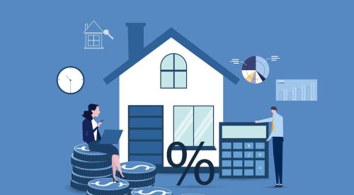 Graphic showing house and homeowners surrounded by a calculator, money, and a clock