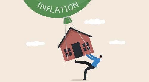 Graphic of man holding onto home being lifted by green balloon labeled "inflation"