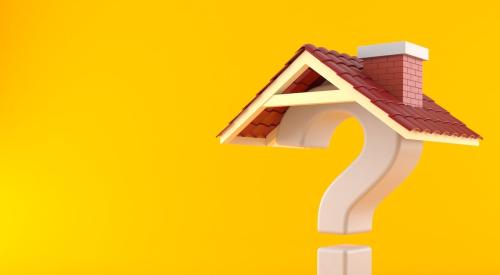 Red house roof on white question mark against yellow background