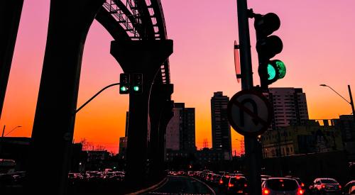 Traffic light at sunset