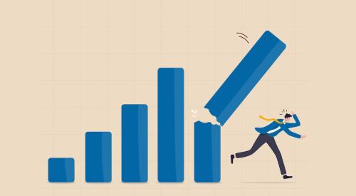 Bar graph falling from peak high onto man running away