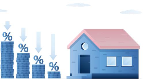 Graphic of blue bar chart with falling percentages next to house