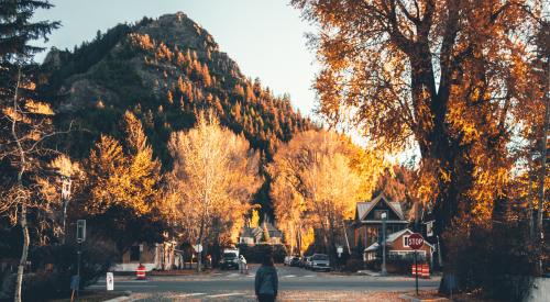 Person walking down the street in a neighborhood