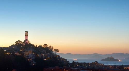 Aerial view of Coit Tower, Alcatraz, San Francisco