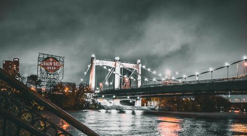 Minneapolis city view of bridge and water