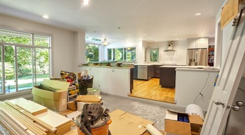 Wood and other building materials inside home for kitchen remodel