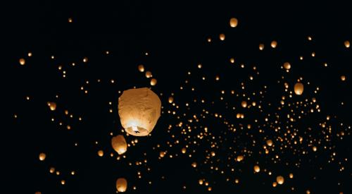 Candle lanterns in night sky