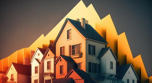 Orange line graph dips after peak, with cluster of houses in the foreground