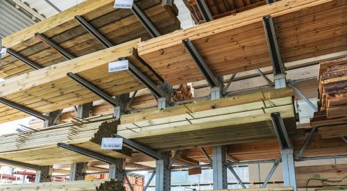 Lumber on shelves in warehouse