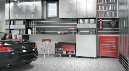 Modern garage interior with sleek storage, metal cabinets