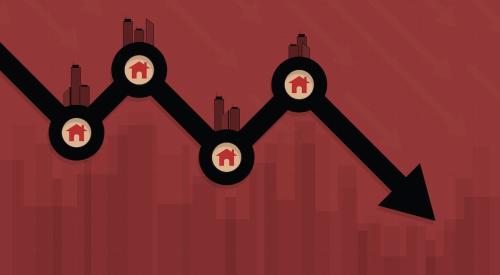 Falling mortgage rates line graph with red background 