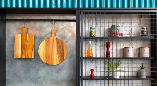 Outdoor kitchen utensils on shelves