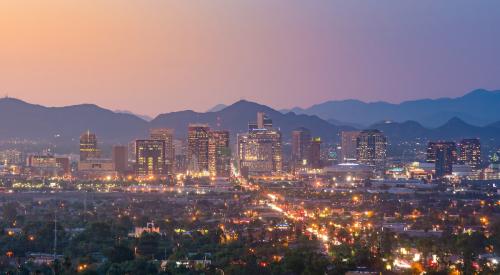 Aerial view of Phoenix, AZ, at sunset