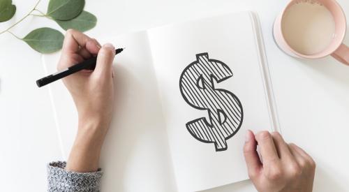 Woman drawing dollar sign in journal