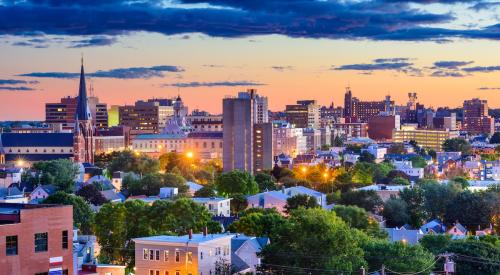 Portland, Maine skyline at sunset