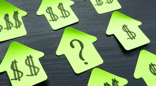 Green house cutouts with dollar signs surround a cutout with a question mark on it