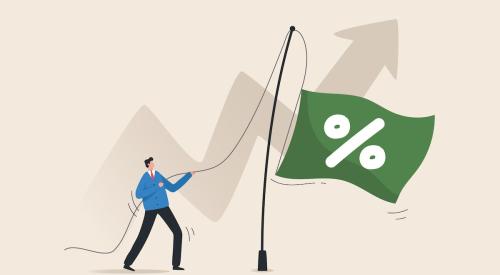 Graphic of man raising green flag with white percent mark with gray rising arrow in background