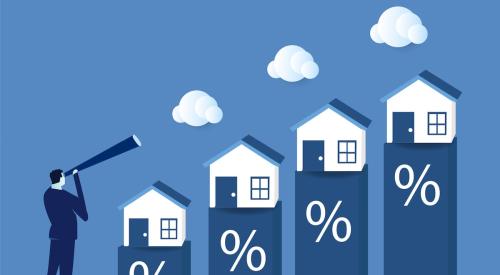 Increasing bar graph with houses and man holding telescope looking at the increase