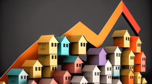 Houses below rising and falling orange line graph