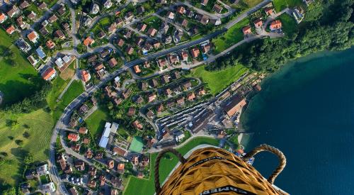 Aerial view of neighborhood from hot air balloon