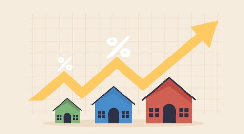 Yellow arrow and white percentage rising above colorful houses