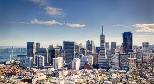 Aerial view of San Francisco city skyline and downtown bay area