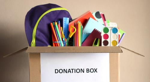 Donation box filled with school supplies