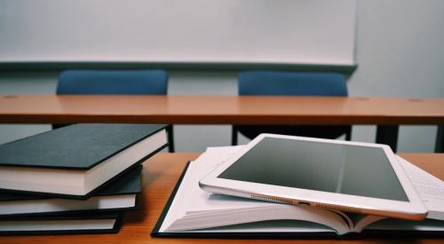 school desk with books