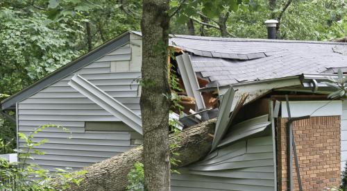 Storm damage from tree falling on a roof