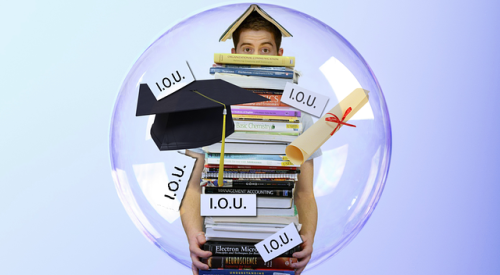 College student holding books and surrounded by IOUs