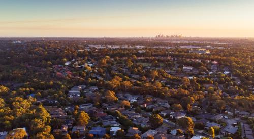 Aerial view of large neighborhood outside of city