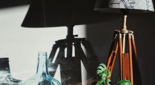 Desk with plants and lamp on it