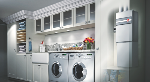 Rheem energy-efficient water heaters shown in laundry room